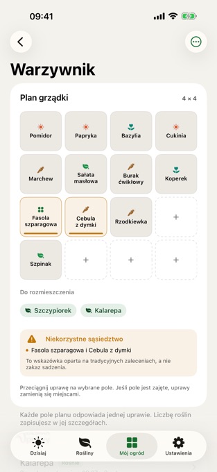 Planer grządki z siatką pól i ostrzeżeniem o sąsiedztwie