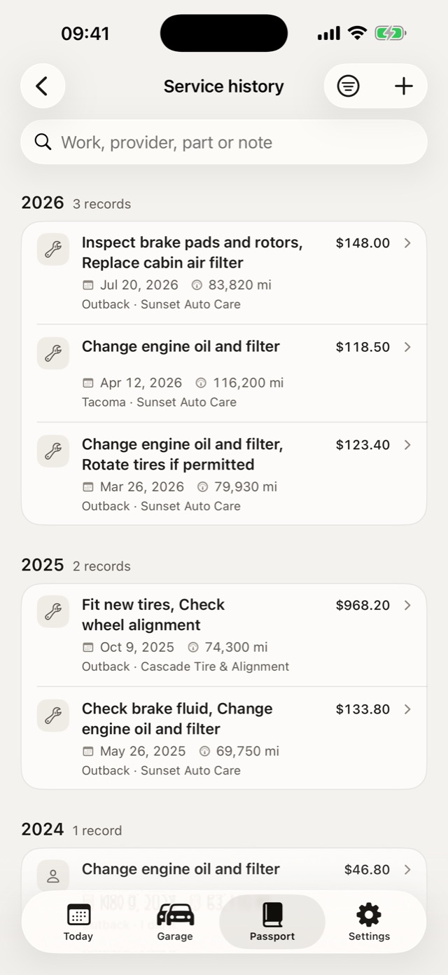 Service history grouped by year with work, shop, mileage and cost