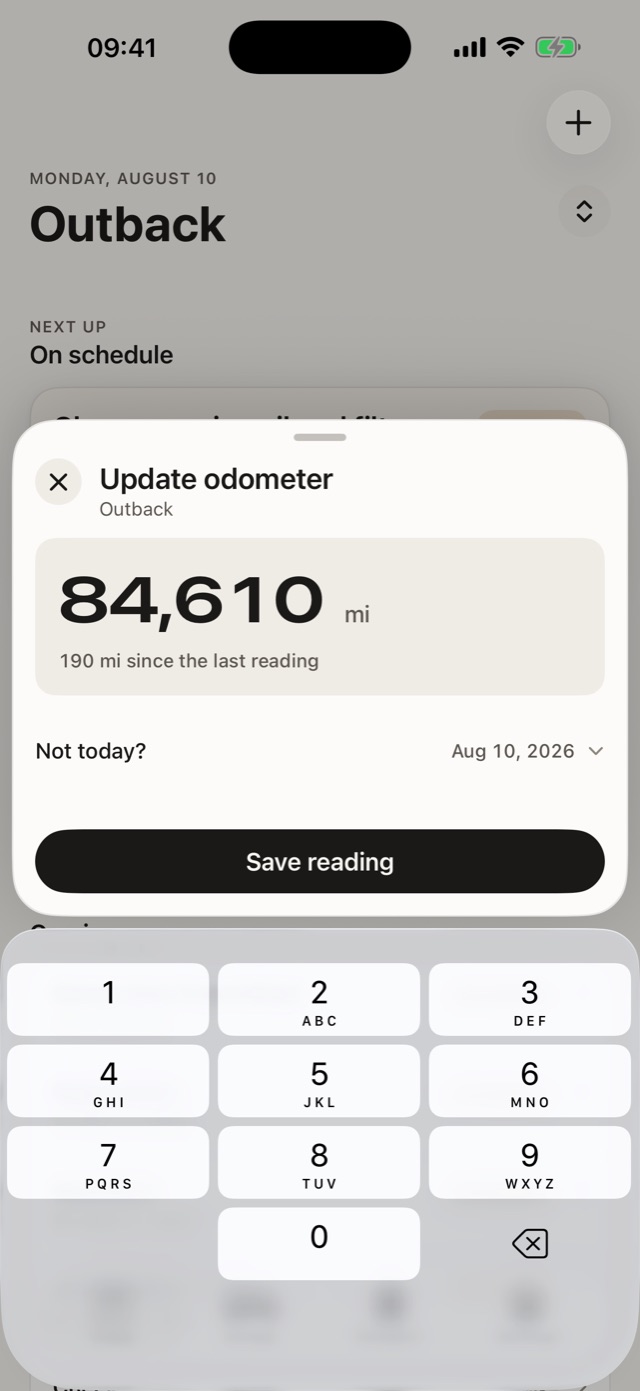 The odometer drawer with a new reading typed in