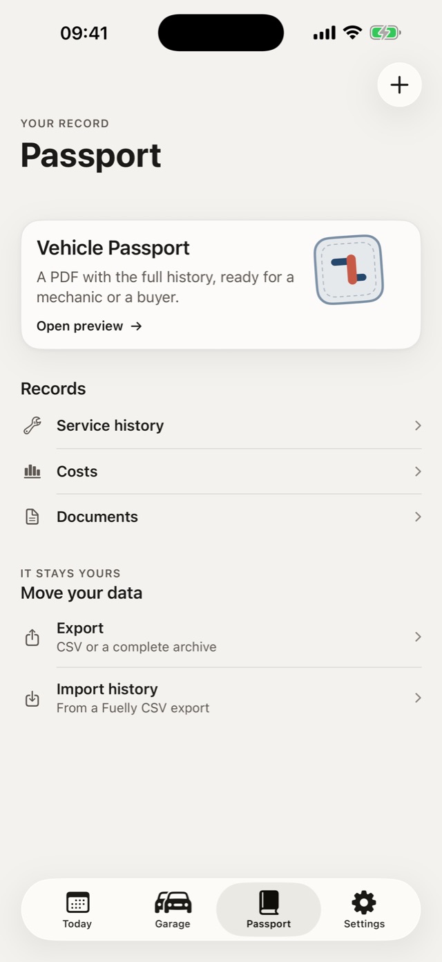 The Passport screen with the PDF report and export options