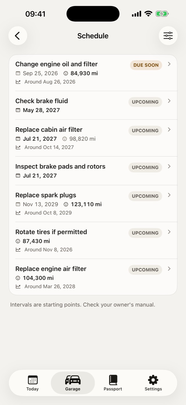 The maintenance schedule with estimated dates for mileage-based jobs