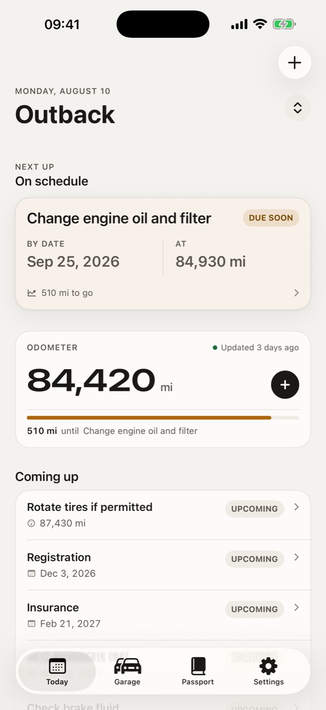 The Today screen showing the next job, the odometer and what is coming up