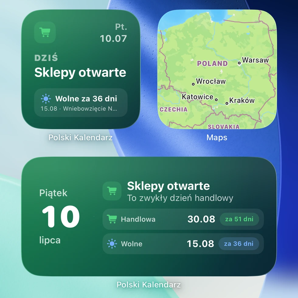 Widgety Polskiego Kalendarza na ekranie głównym iPhone'a